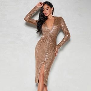 Plunging Neck Split Thigh Sequin Dress